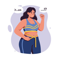 Chubby Woman Measuring Her Waist with a Measuring Tape for Healthcare Concept Illustration