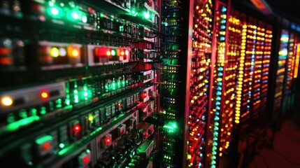 A server rack with blinking lights, shows technology in a data center.
