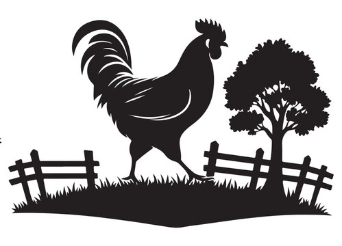 black rooster silhouette on farm scene clip art preview