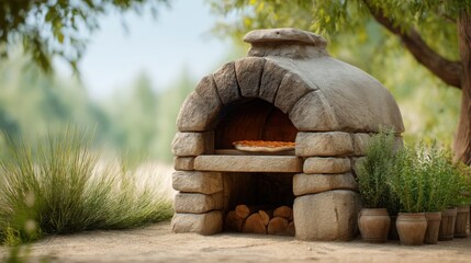Outdoor stone pizza oven in Mediterranean garden, fresh pizza baking inside, sunny day, family gathering vibe
