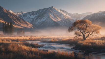 Lone tree by a river with snow-covered mountain range in misty light, soft muted tones, peaceful wilderness landscape for travel, serenity and nature backgrounds