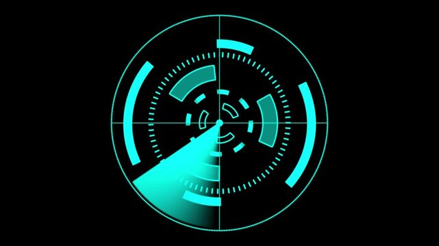 Digital sonar radar technology animation with scanning beam, rotating interface, futuristic blue display on dark background for detection, tracking, surveillance, navigation and military tech concepts
