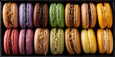 Assorted macarons displayed in a decorative box for dessert lovers