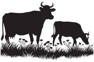 Cows Silhouette Grazing in Field Vector Illustration Nature Scene