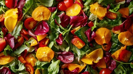 A vibrant, fresh salad with mixed greens, tomatoes, and peppers.