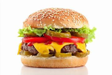 Freshly made cheeseburger with pickles and lettuce on a bun