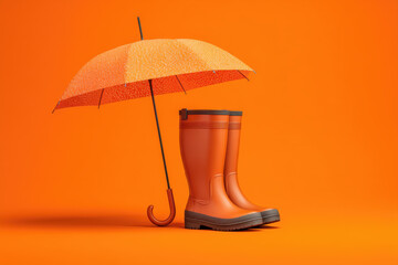 A pair of orange wellington boots stands beside a matching umbrella, both on a vivid orange background. This combination brings to mind rainy days filled with warmth and color