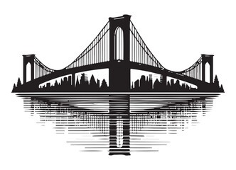 Brooklyn Bridge Cityscape Silhouette Reflection Vector Art Illustration