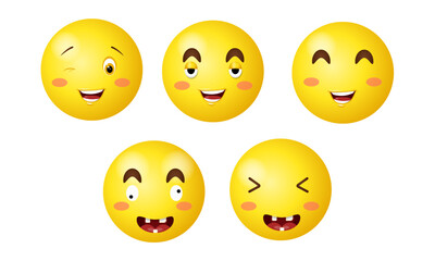 Set of five cute and funny yellow emojis with various happy and silly facial expressions. Cartoon-style vector illustration perfect for stickers, chats, social media, or kids’ content.