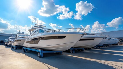 New boats on trailers outdoors