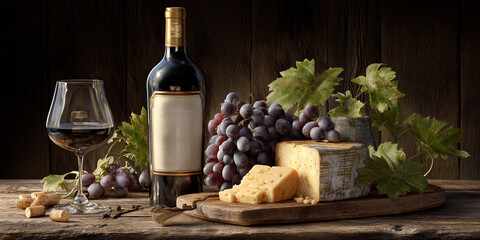 Enjoying wine and cheese with fresh grapes on a rustic table