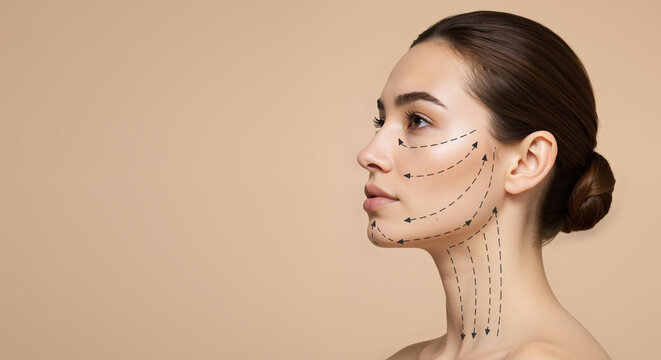 Profile of woman with facial lifting arrows showing massage direction on beige background. Cosmetic procedure technique. Beauty and anti-aging concept. Facial rejuvenation movement guide