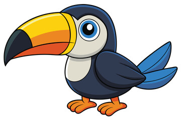 Cartoon Toucan with Yellow Beak and Blue Tail Feathers Standing Sideways