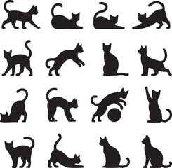 A playful vector illustration set of black cat silhouettes on white background.