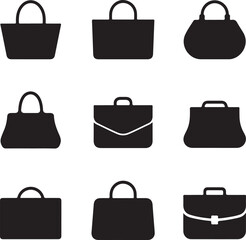 A minimalist black silhouette icon set featuring distinct handbag vector on white background