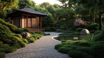 Fototapeta premium Japanese garden with pond and tea house