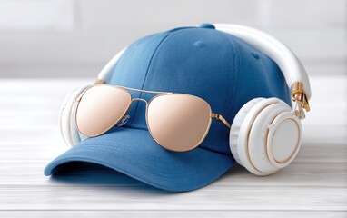 Stylish cap with mirrored sunglasses and wireless headphones arranged together on white surface