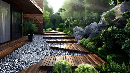 Wooden pathway through a garden with rocks and plants leading to a modern house on a sunny day