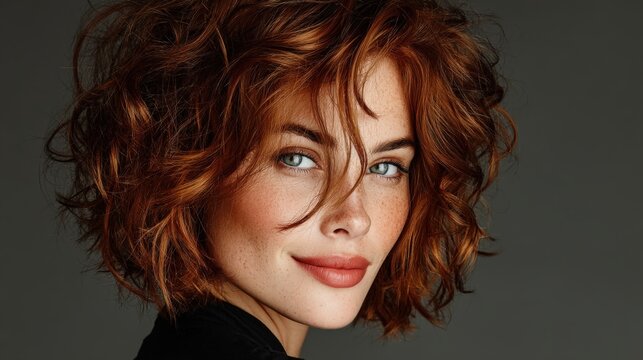 Confident model showcases trendy auburn curly bob hairstyle with a playful smile
