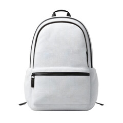 A minimalist white backpack with black accents, featuring a main compartment, a smaller front zippered pocket, and adjustable straps, ideal for everyday use