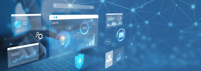 Fototapeta na wymiar woman analyst uses a computer AI artificial intelligence and dashboard for data business analysis and Data Management System with KPI and metrics connected to the database for technology finance,