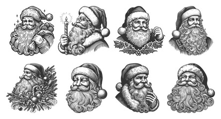 Santa Claus Set collection bundle sketch engraving generative ai vector illustration. Scratch board imitation. Black and white image.
