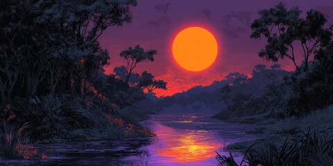 Lush jungle landscape at vibrant sunset