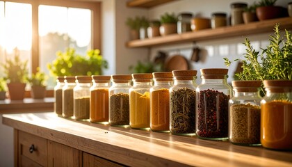 Warm Kitchen Sunlight Illuminates Array of Spice Jars