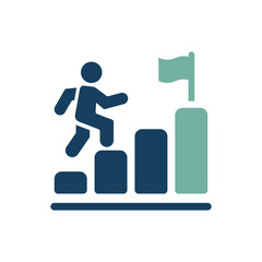 This symbol illustrates progress and achievement, showing a figure energetically climbing steps towards a flag, reflecting the realization of goals and success in life and professional endeavors