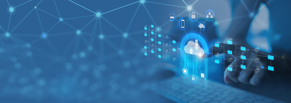 Businesswoman using computer, futuristic holographic interface on cloud, document folder and data scanning digital document storage software, cloud computing database and document management paperless
