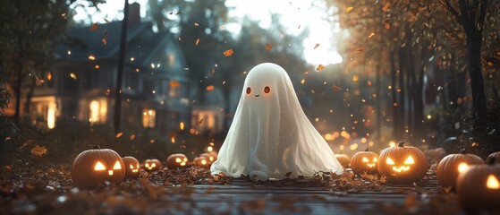 Cute ghost with jack-o'-lanterns