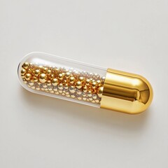 Naklejka premium Golden capsule filled with gold beads on white background