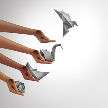 Creativity And Vision as changing for success as a leadership and business change through innovation and evolution as a crumpled paper transforming into a boat then a swan and a flying bird.
