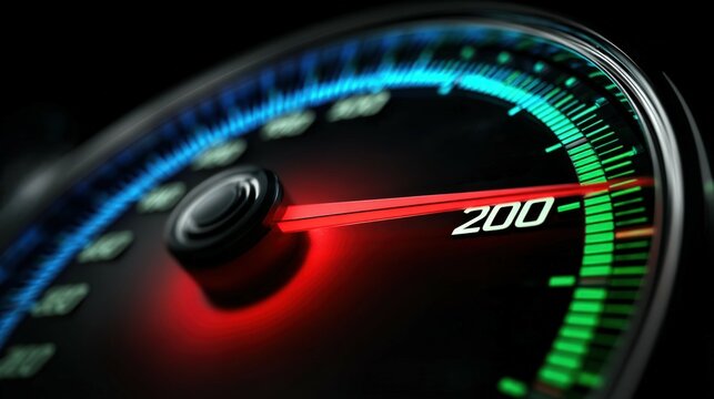 Speedometer displays over 200 with striking red zone highlighting acceleration