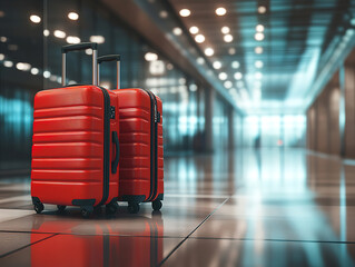 Red Suitcases in Modern Airport Terminal