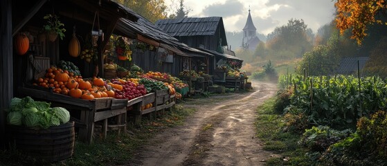 Fototapeta premium Rural autumn harvest market scene