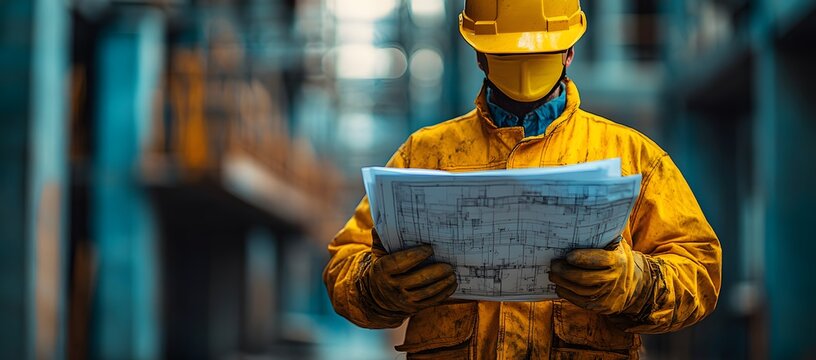 Construction worker in yellow protective gear studies blueprints