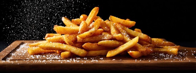 crispy tasty potato fries chips with grains of salt served on a wooden board . aspect ratio 8:3