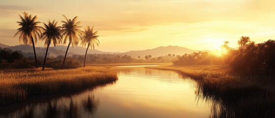 Tropical river sunset view with palm trees