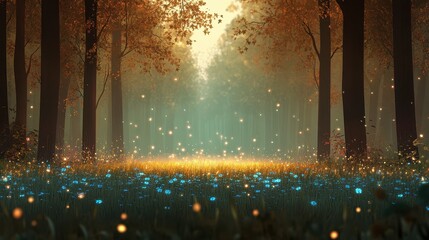 Enchanted autumn forest with blue flowers
