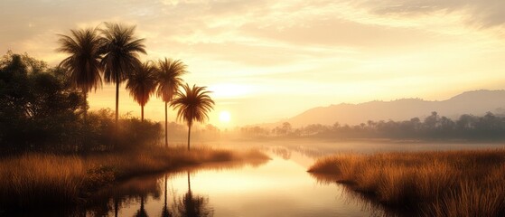 Palm trees at sunrise on the water