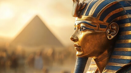 Pharaoh statue with pyramid view