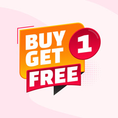 Buy 1 Get 1 Free Offer Vector – BOGO Sale Banner, Shopping Promotion Label Design