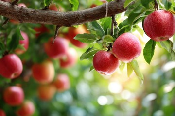 Obraz premium Juicy ripe apples hanging from lush green branches, vibrant orchard setting, perfect for fresh fruit themes or recipes.