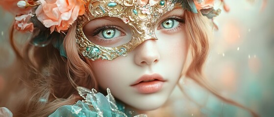 Woman with ornamental mask and flowers