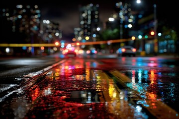 Obraz premium Vibrant cityscape at night, illuminated urban streets reflecting colorful lights on wet pavement, dynamic and modern atmosphere.