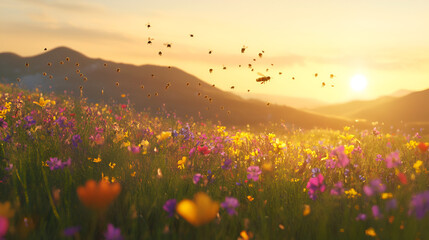 Fototapeta premium Wildflowers blooming across a hillside at sunrise with bees hovering mid-flight