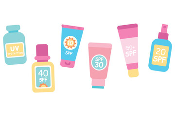 A set of bottles and tubes of sunscreen. Sunscreen and sun safety. Collection of sunscreen creams, lotions, sprays. Hand drawn illustration.