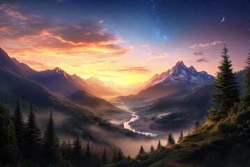Mountain valley sunset landscape