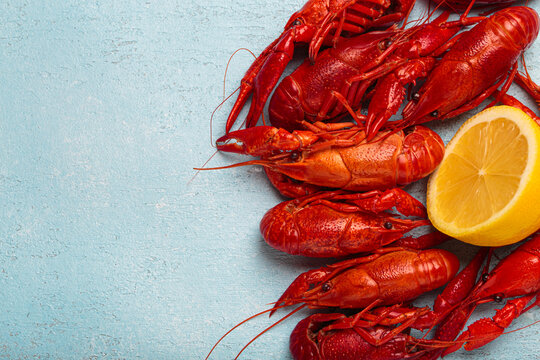 Several red crayfish lying on a blue textured background are accompanied by a slice of fresh lemon, creating a simple and appetizing seafood composition